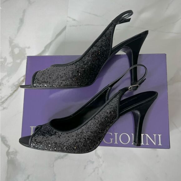 Enzo Angiolini Hitch X3 Black Sequin Shiny Satin Ankle Buckle Peep Toe Heels - Picture 14 of 16